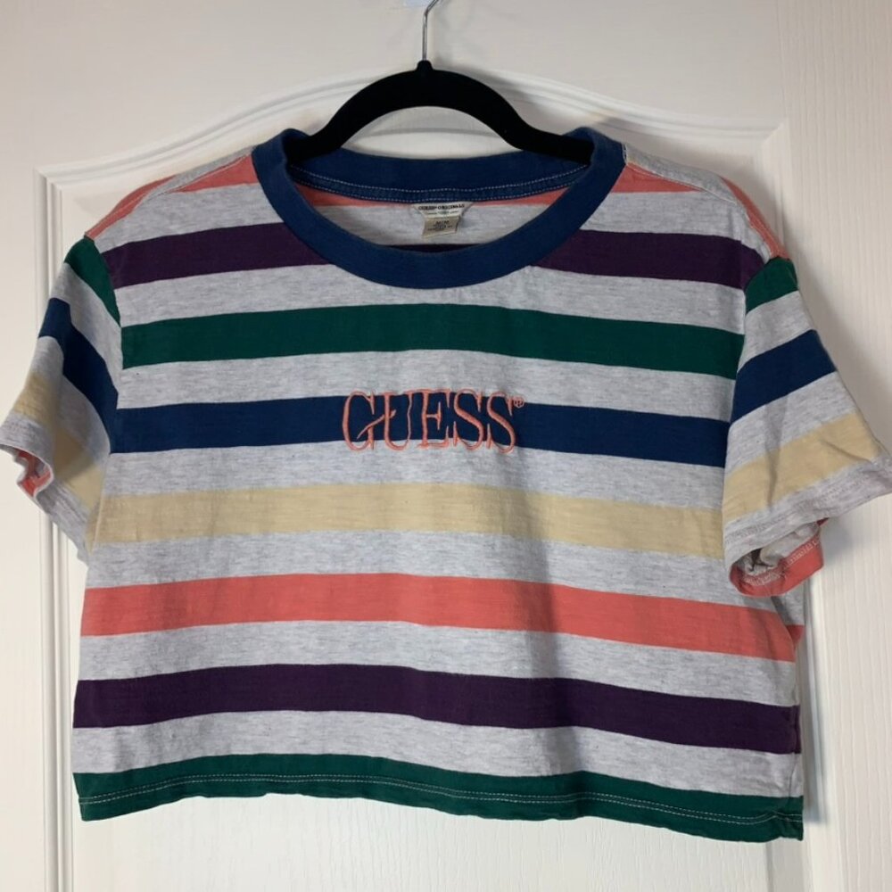 Guess Originals Striped Crop T-Shirt Multicolor‎ Logo Embroidered Y2K Inspired M